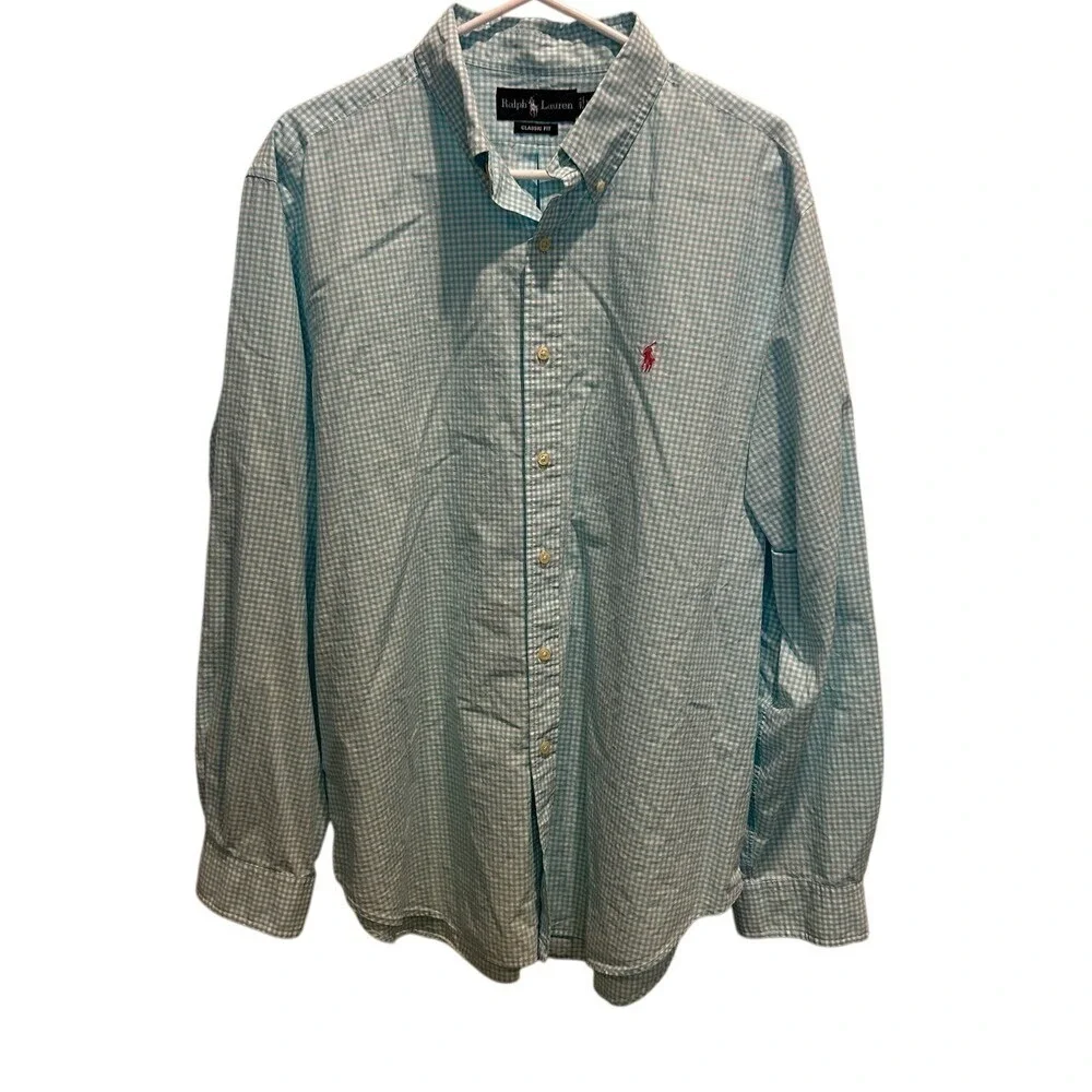 Ralph‎ Lauren Button Down XL Men's Blue Gingham Classic Fit Long Sleeve Shirt